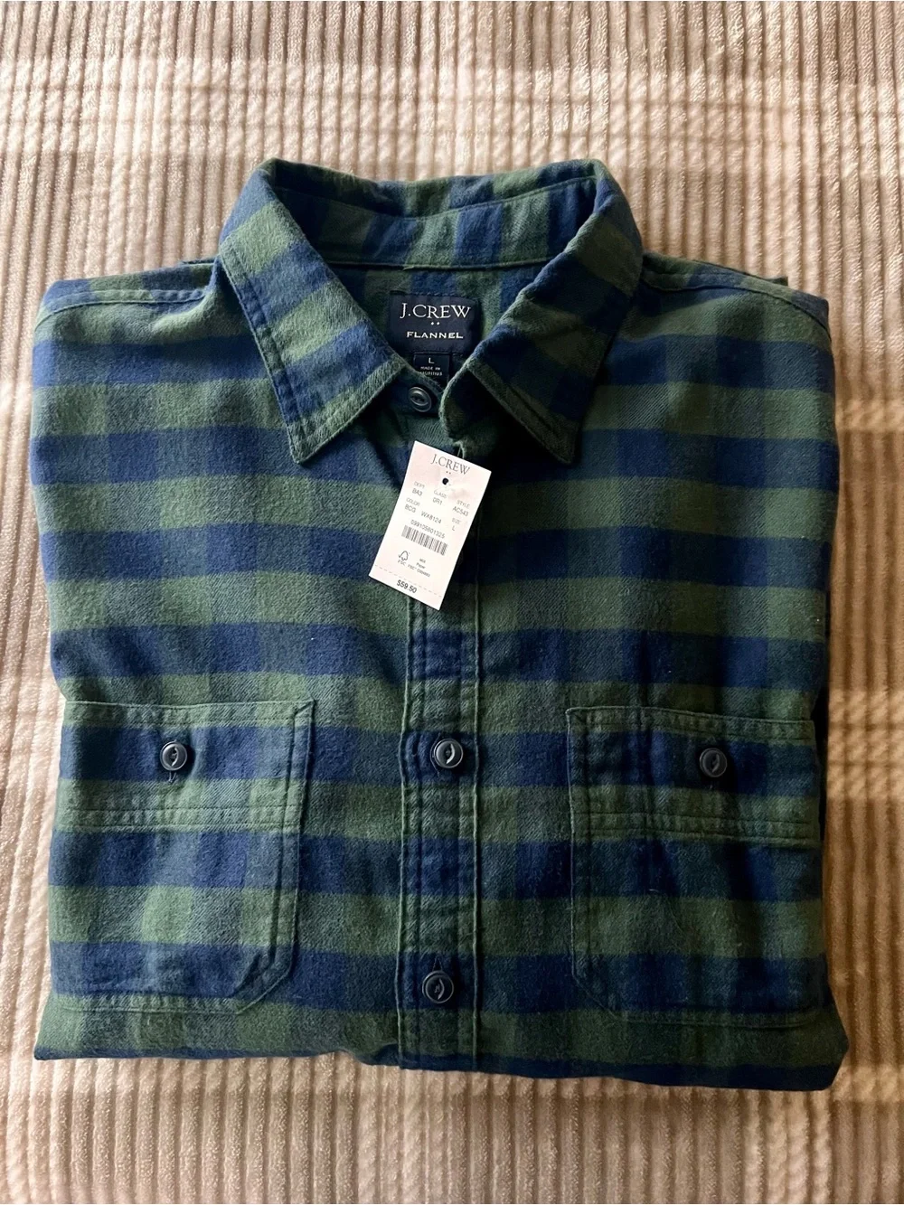 J. Crew Men’s Navy and Green Striped Flannel Button-Up Shirt